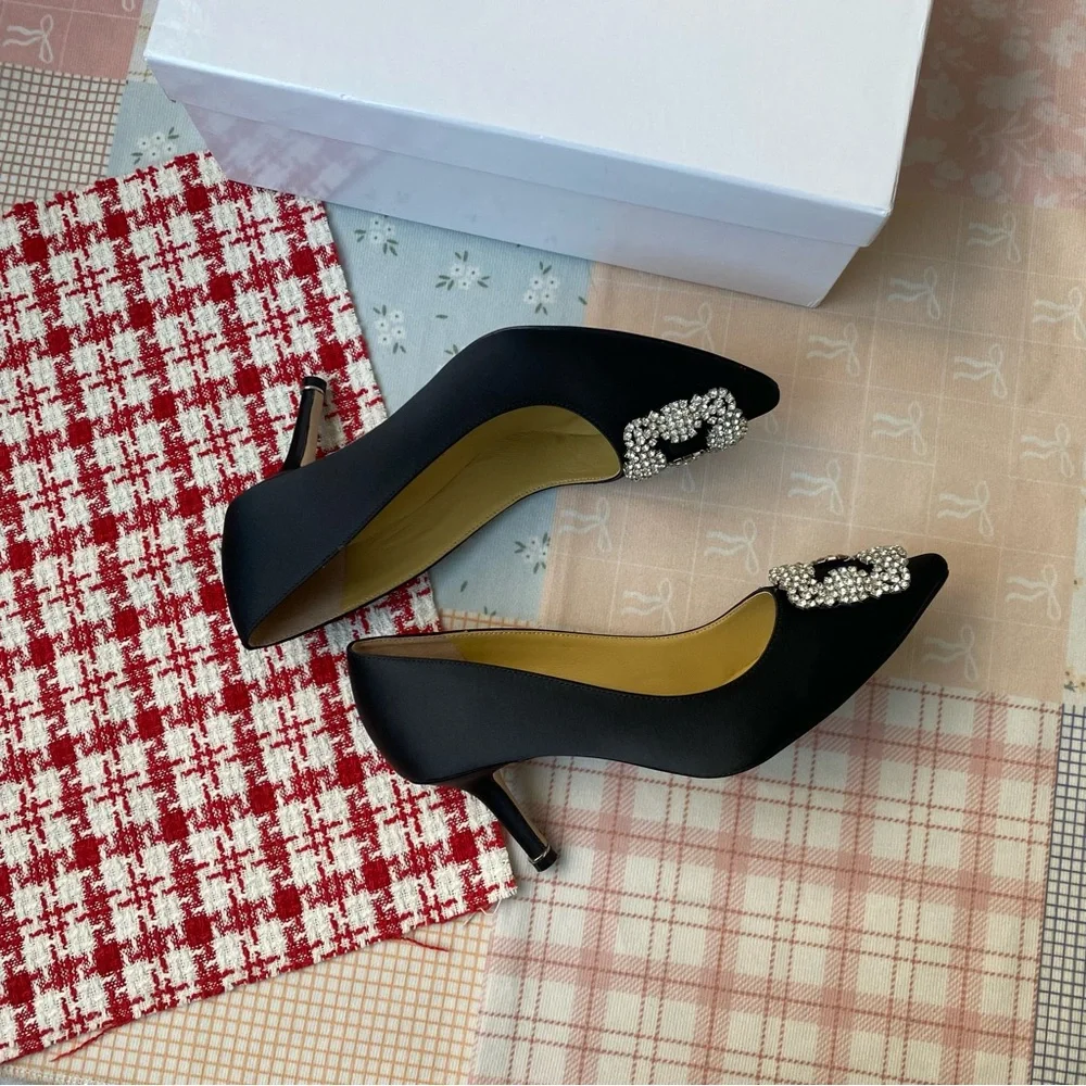 Manolo Blahnik Black Embellished Satin Pointed Toe Flats